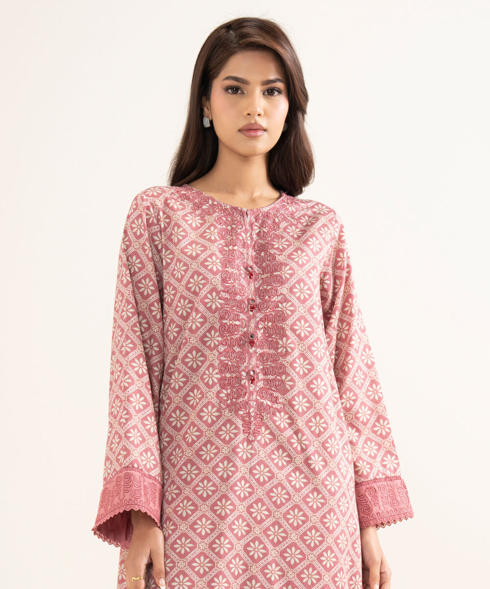 Women's RTW Lawn Embroidered Pink A-Line Shirt