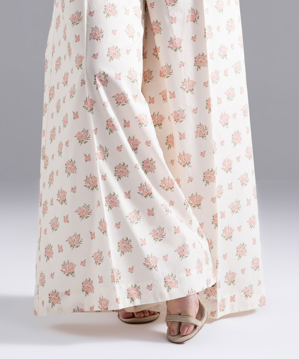 Women's RTW Cambric Printed Off White Flared Pants