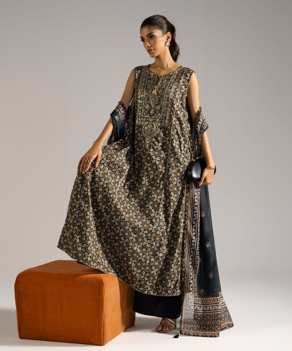 Women's RTW Lawn Embroidered Black 3 Piece Suit