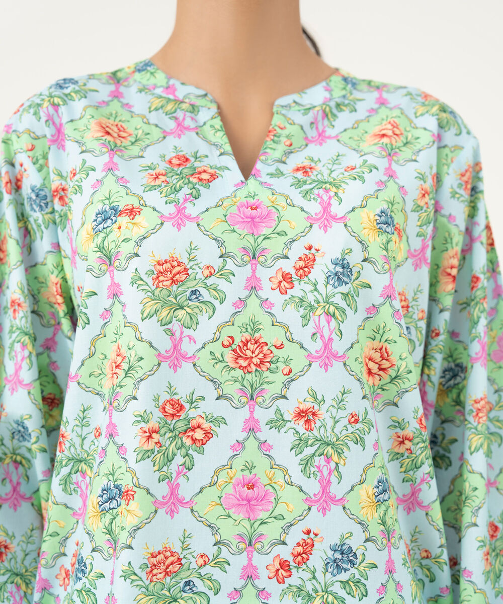 Women's RTW Cambric Printed Blue Straight Shirt
