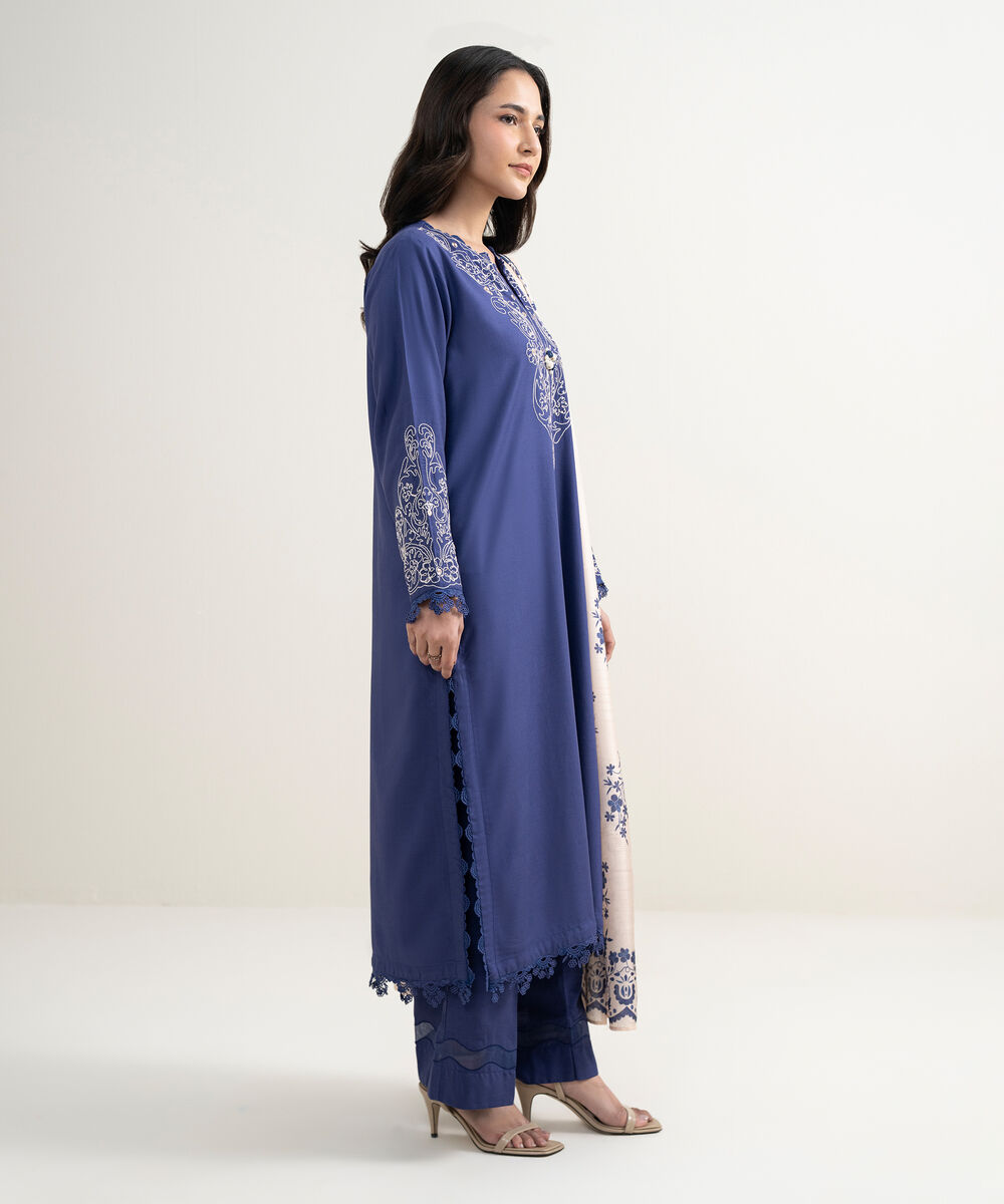 Women's RTW Raw Silk Viscose Embroidered Purple 3 Piece Suit