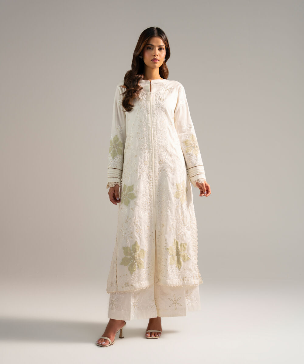 Women's RTW Cotton Satin Embroidered Off White 2 Piece Suit