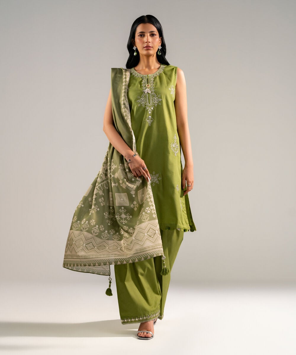 Women's RTW Self Jacquard Embroidered Green 3 Piece Suit