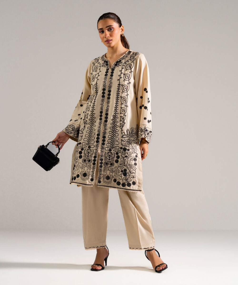 Women's RTW Dobby Embroidered Beige 2 Piece Suit