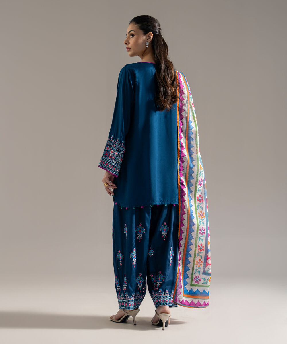 Women's RTW Solid Embroidered Blue Plain Silk 3 Piece Suit