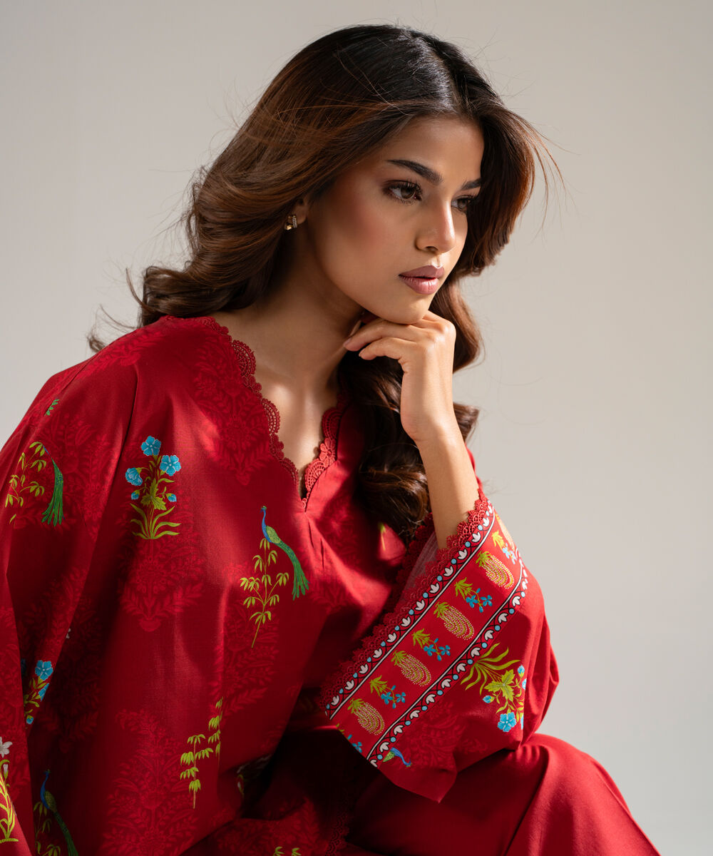 Women's RTW Slub Lawn Printed Red Drop Shoulder Shirt