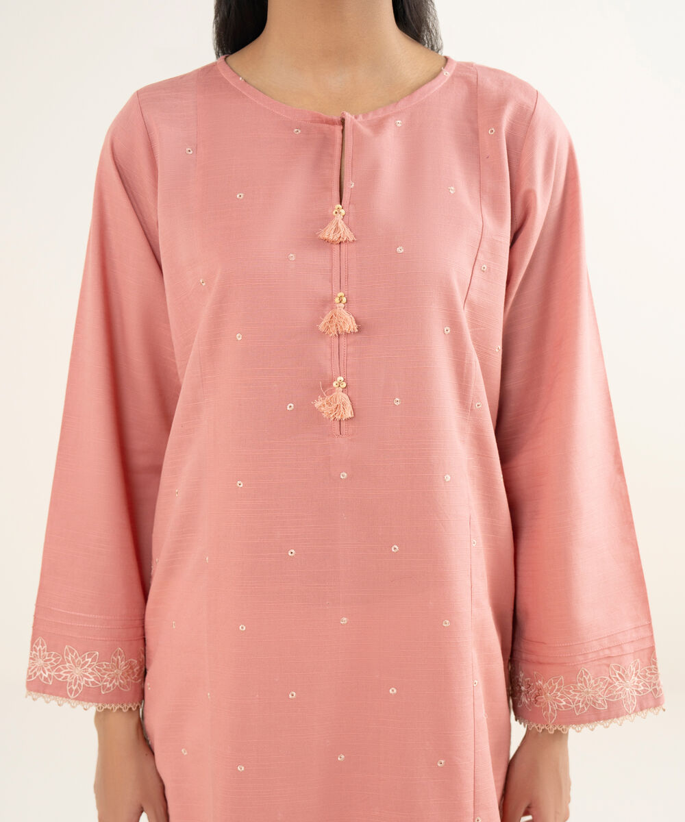 Women's RTW Light Khaddar Embroidered Pink A-Line Shirt