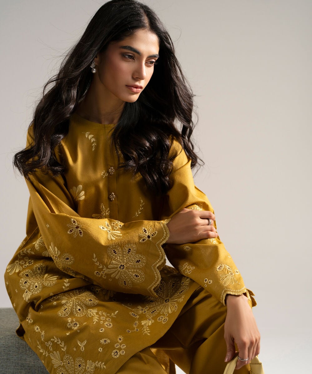 Women's RTW Self Jacquard Embroidered Yellow 2 Piece Suit