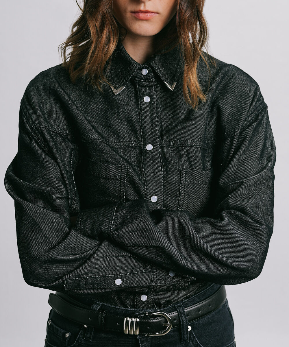 Women's Western Wear Grey Metal Tipped Denim Shirt