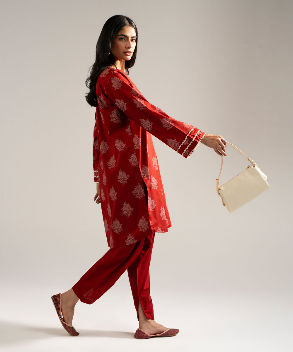 Women's RTW Lawn Printed Red Straight Shirt