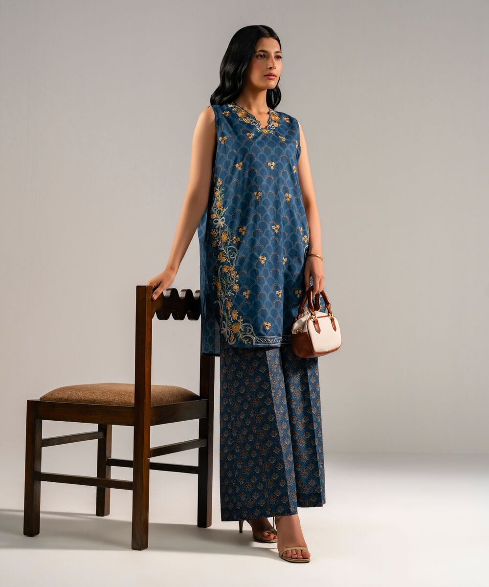 Women's RTW Lawn Embroidered Blue Straight Shirt