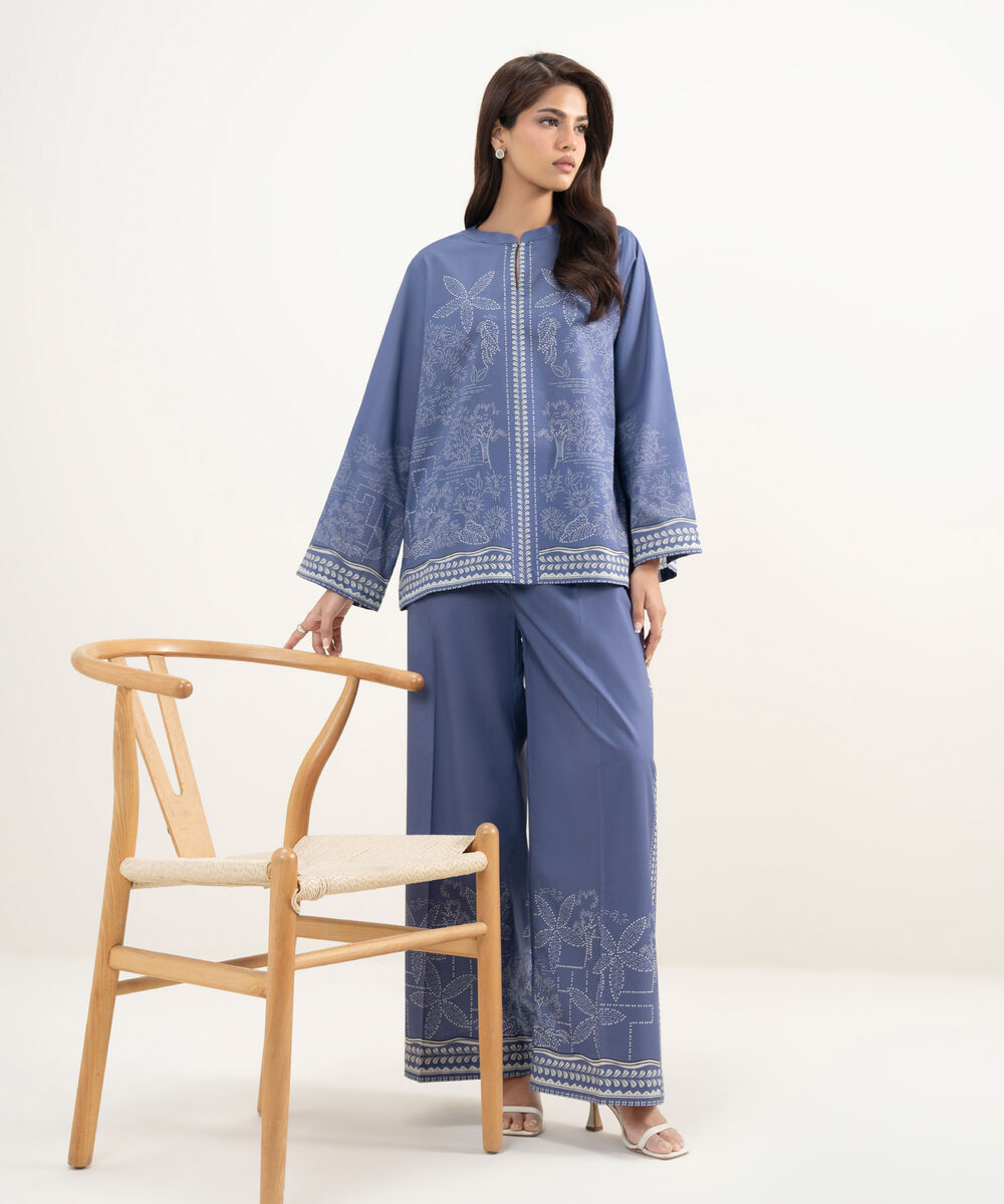 Women's RTW Lawn Printed Blue Straight Shirt
