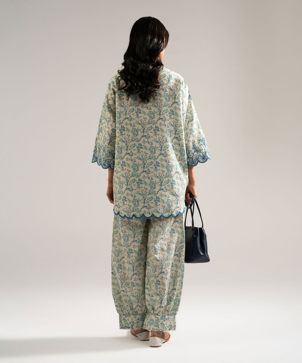Women's RTW Dobby Embroidered Off White Drop Shoulder Shirt