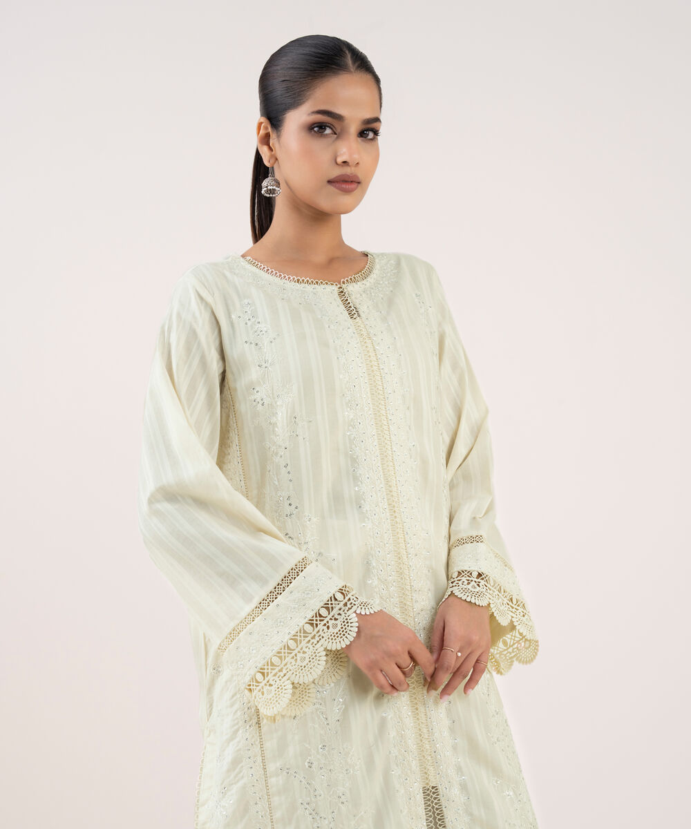 Women's RTW Textured Lawn Off White Embroidered A-Line Shirt
