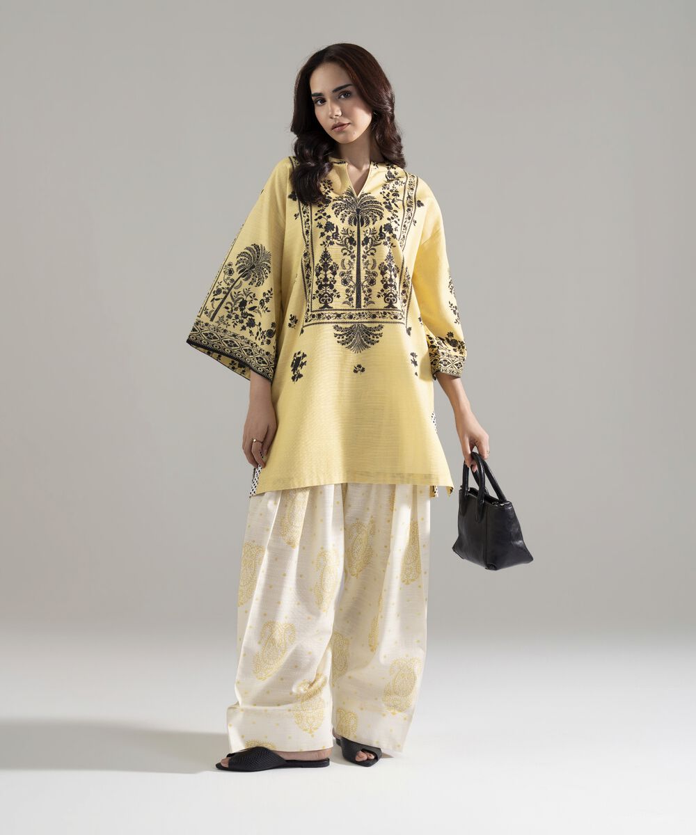 Women's RTW Khaddar Printed Butter Yellow Boxy Shirt
