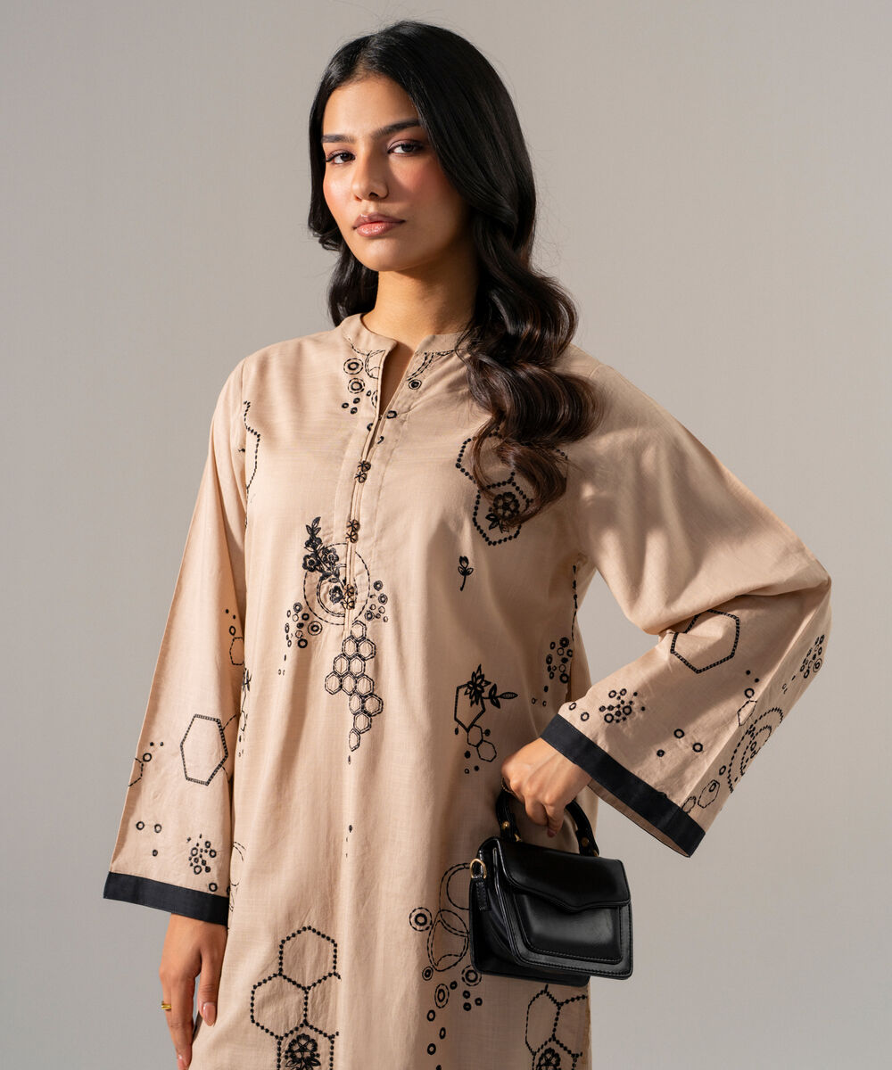 Women's RTW Cross Hatch Solid Embroidered Beige Straight Shirt