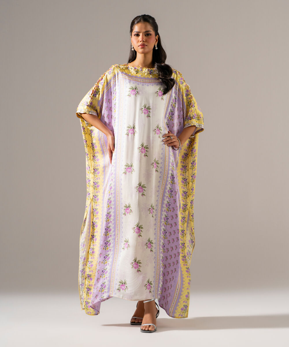 Women's RTW White Featheer Chamoz Printed White Kaftan