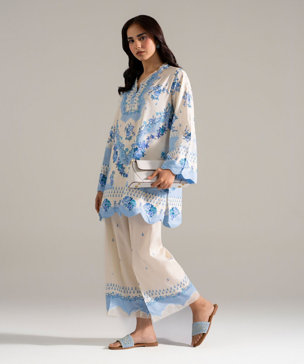 Women's RTW Cotton Viscose Printed White 2 Piece Suit