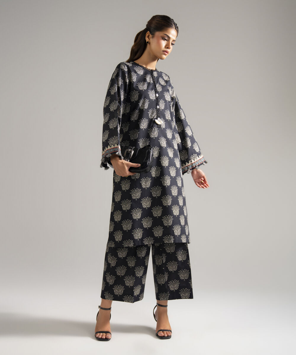 Women's RTW Lawn Printed Black Straight Shirt