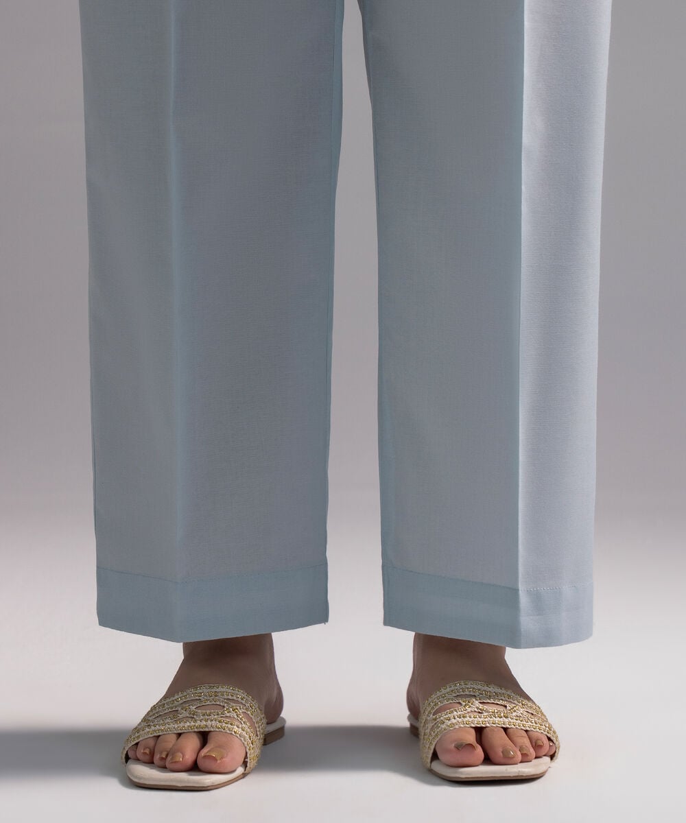 Women's RTW Cambric Solid Light Blue Straight Pants
