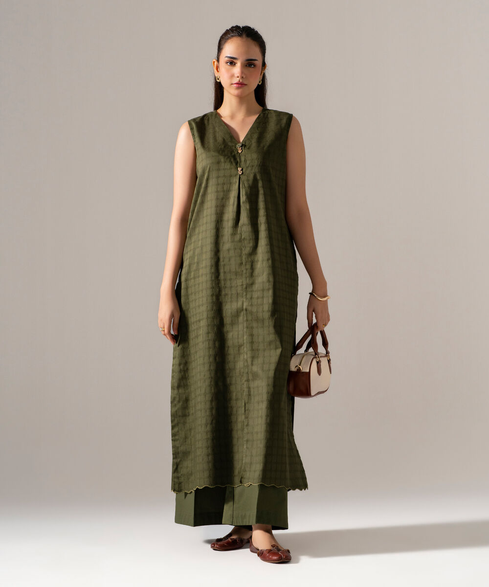 Women's RTW 3D dobby Solid Green Straight Shirt