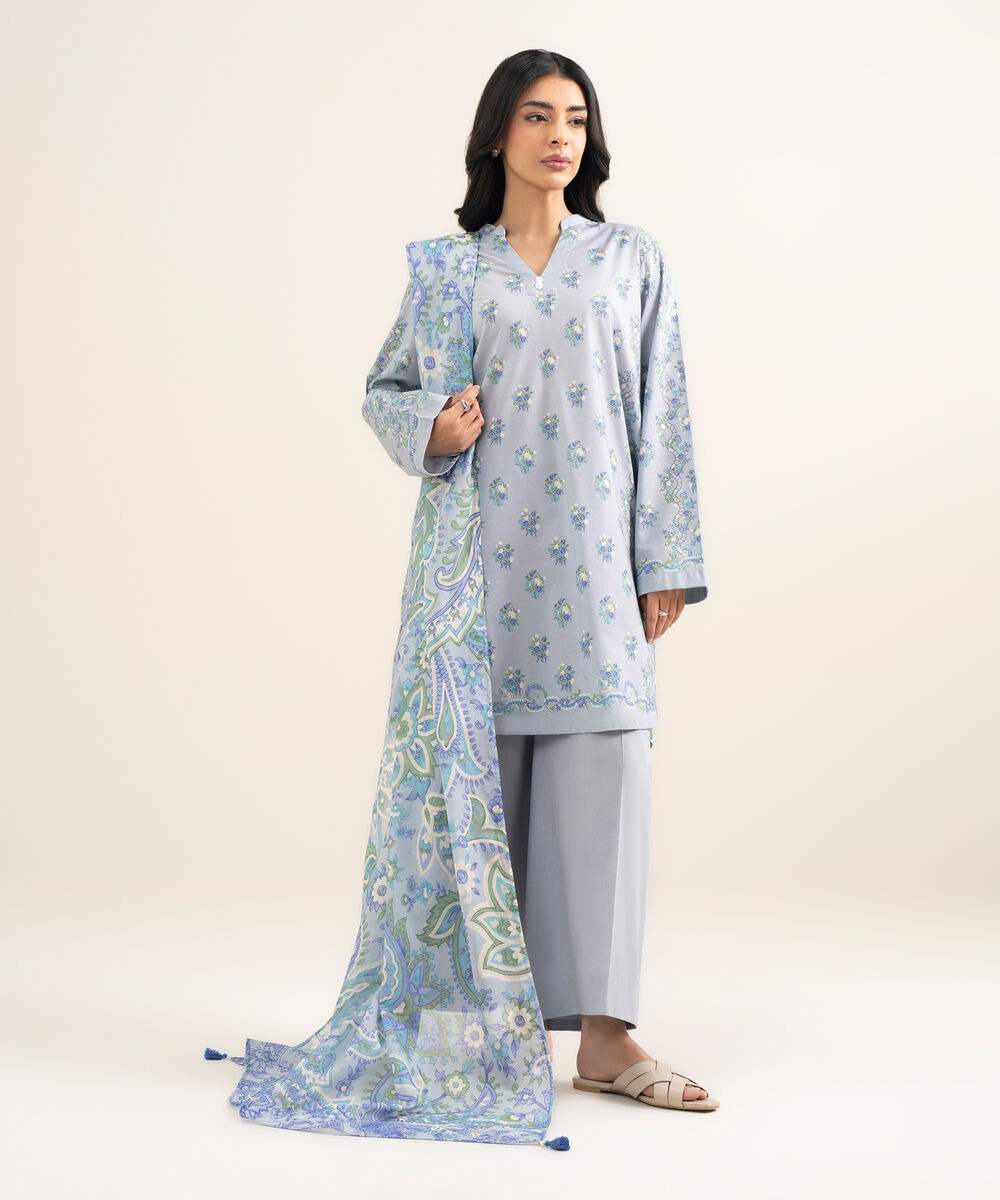 Women's RTW Cotton Viscose Printed Blue Straight Shirt