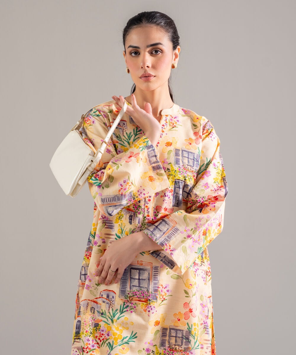 Women's RTW Khaddar Printed Lime Yellow 2 Piece Suit