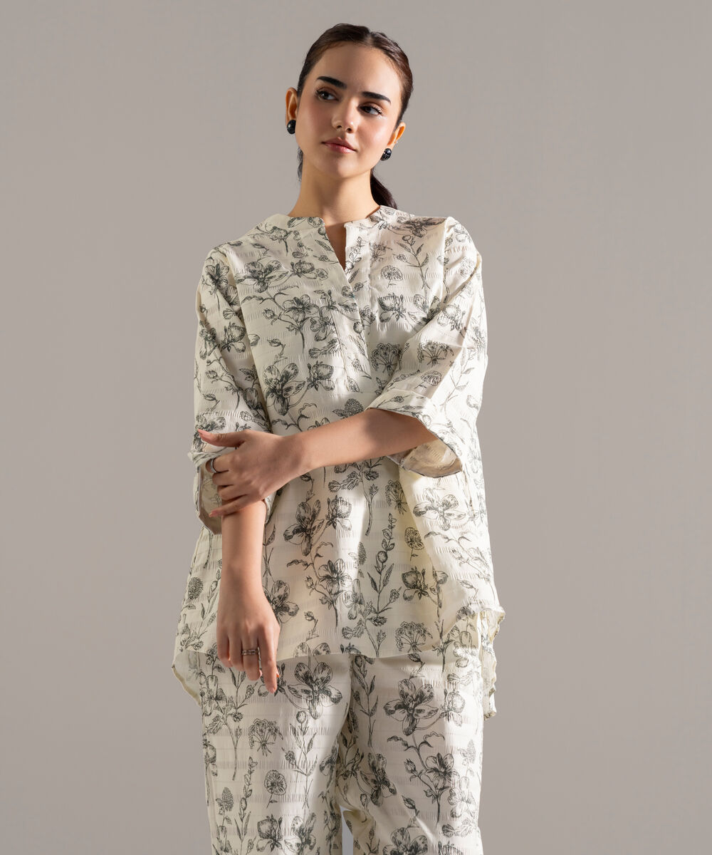 Women's RTW Seersucker Printed Cream White 2 Piece Suit