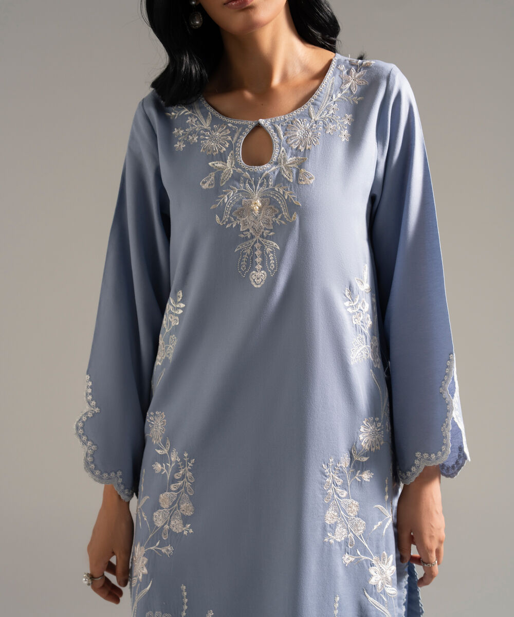 Women's RTW Dobby Crepe Embroidered Blue 3 Piece Suit