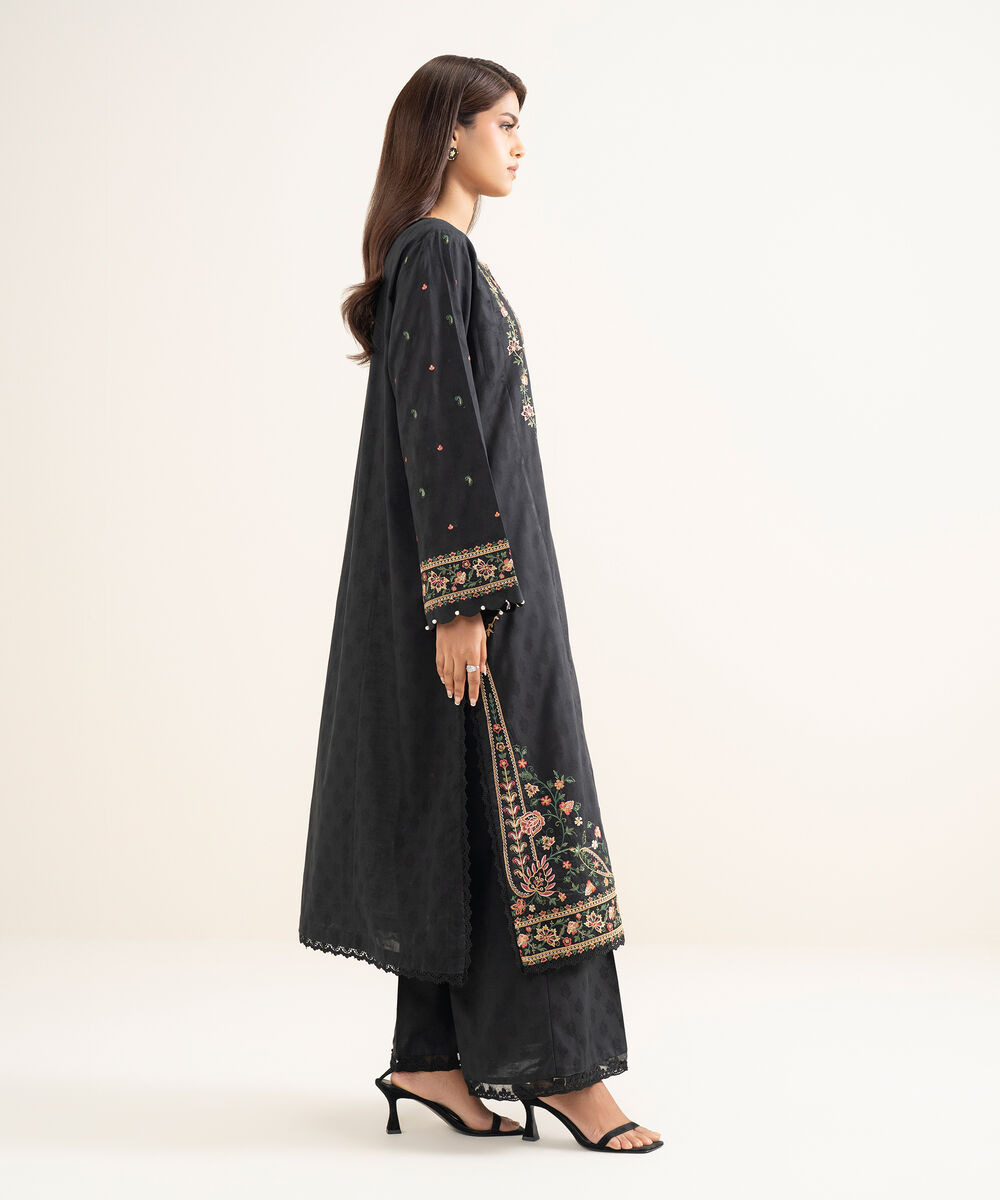Women's RTW Self Jacquard Solid Black Flared Pants