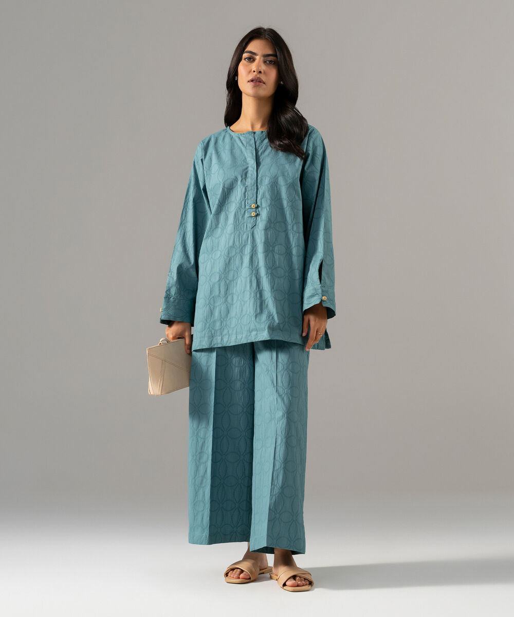 Women's RTW Textured Cotton Solid Blue 2 Piece Suit