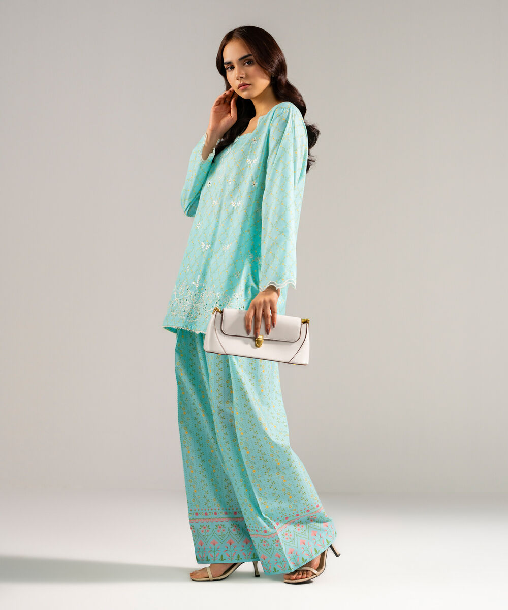 Women's RTW Lawn Embroidered Turquoise Straight Shirt