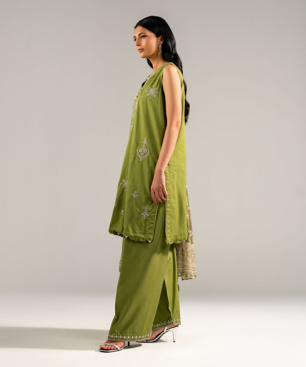 Women's RTW Self Jacquard Embroidered Green 3 Piece Suit
