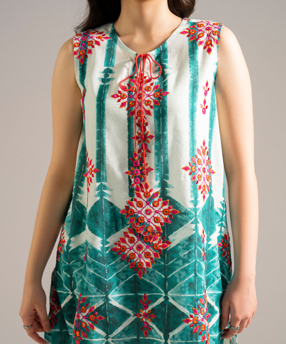 Women's RTW Dobby Embroidered Green Straight Shirt