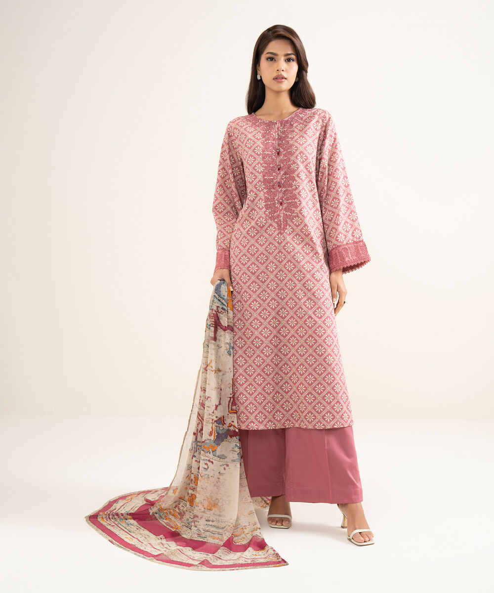 Women's RTW Lawn Embroidered Pink A-Line Shirt