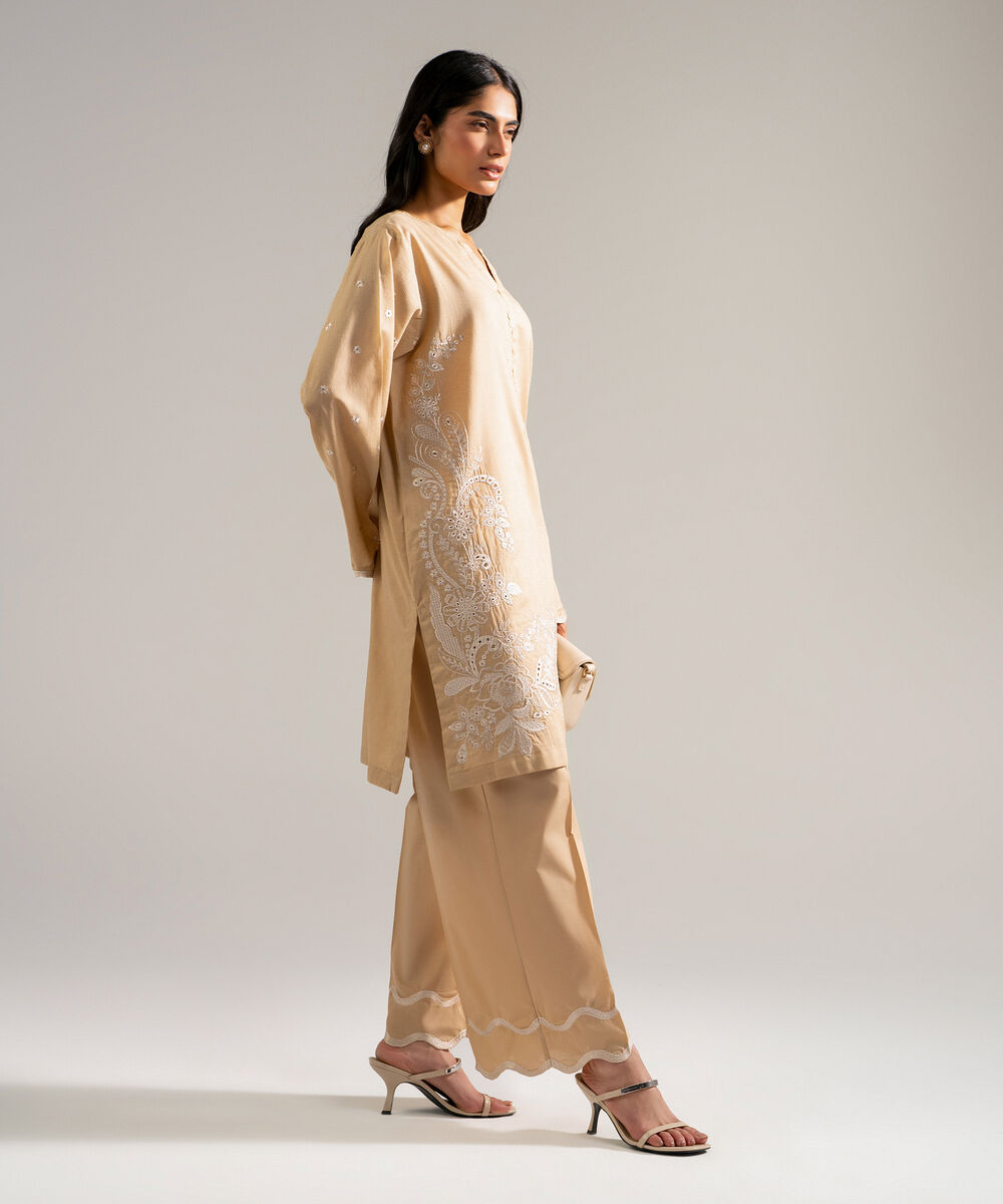 Women's RTW Self Jacquard Embroidered Beige 2 Piece Suit