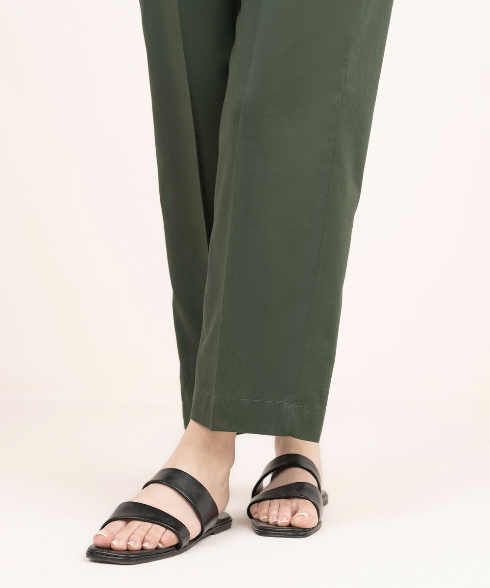 Women's RTW Cotton Viscose Solid Green Straight Pants