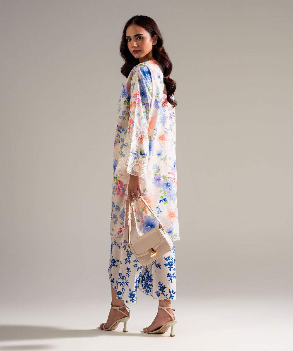 Women's RTW Lawn Embroidered Off White Drop Shoulder Shirt