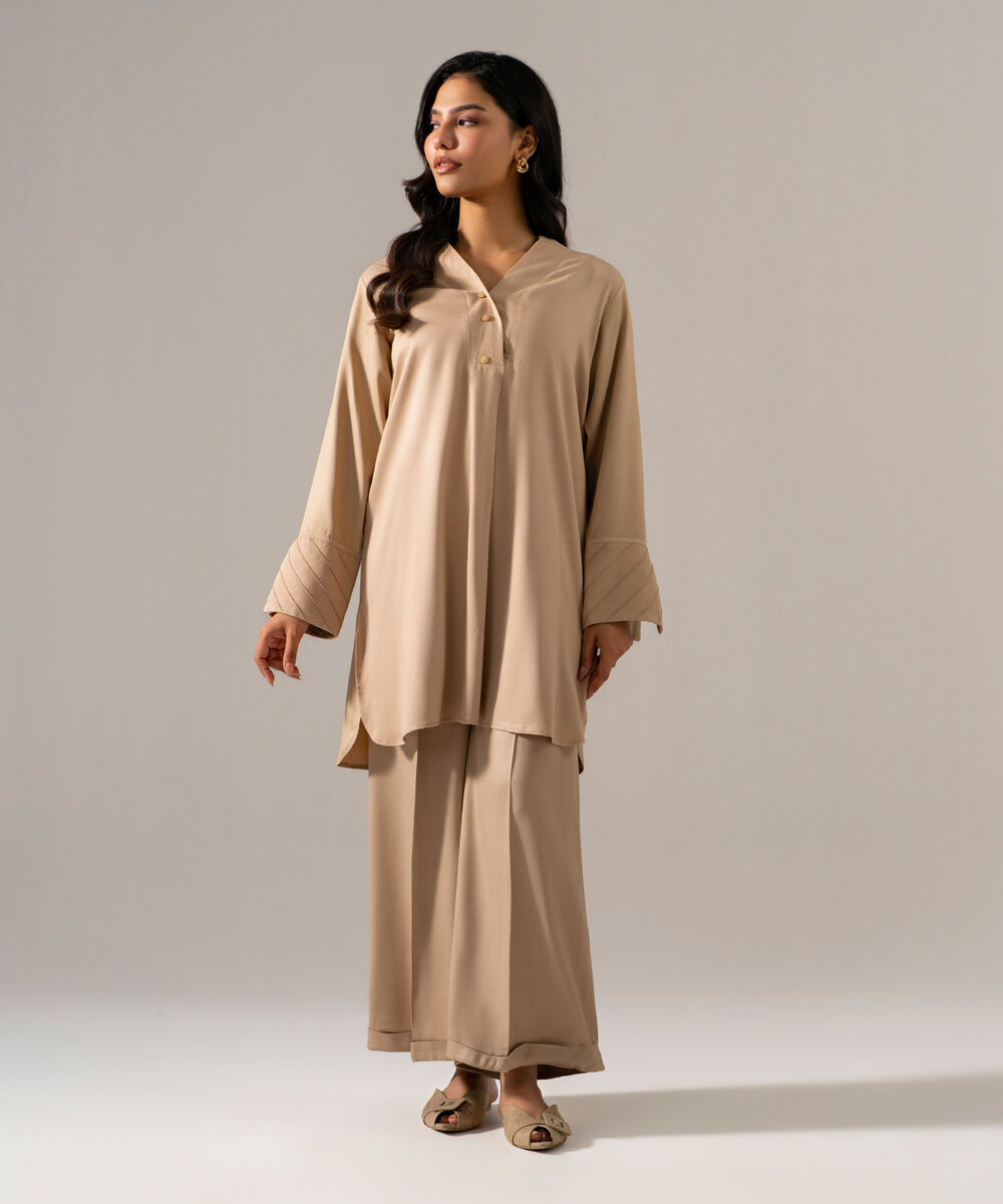 Women's RTW Bedford Solid Beige 2 Piece Suit