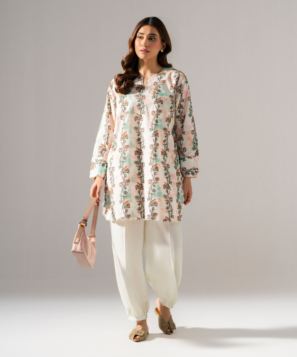 Women's RTW Regular Khaddar Printed Off White Shirt and Trousers