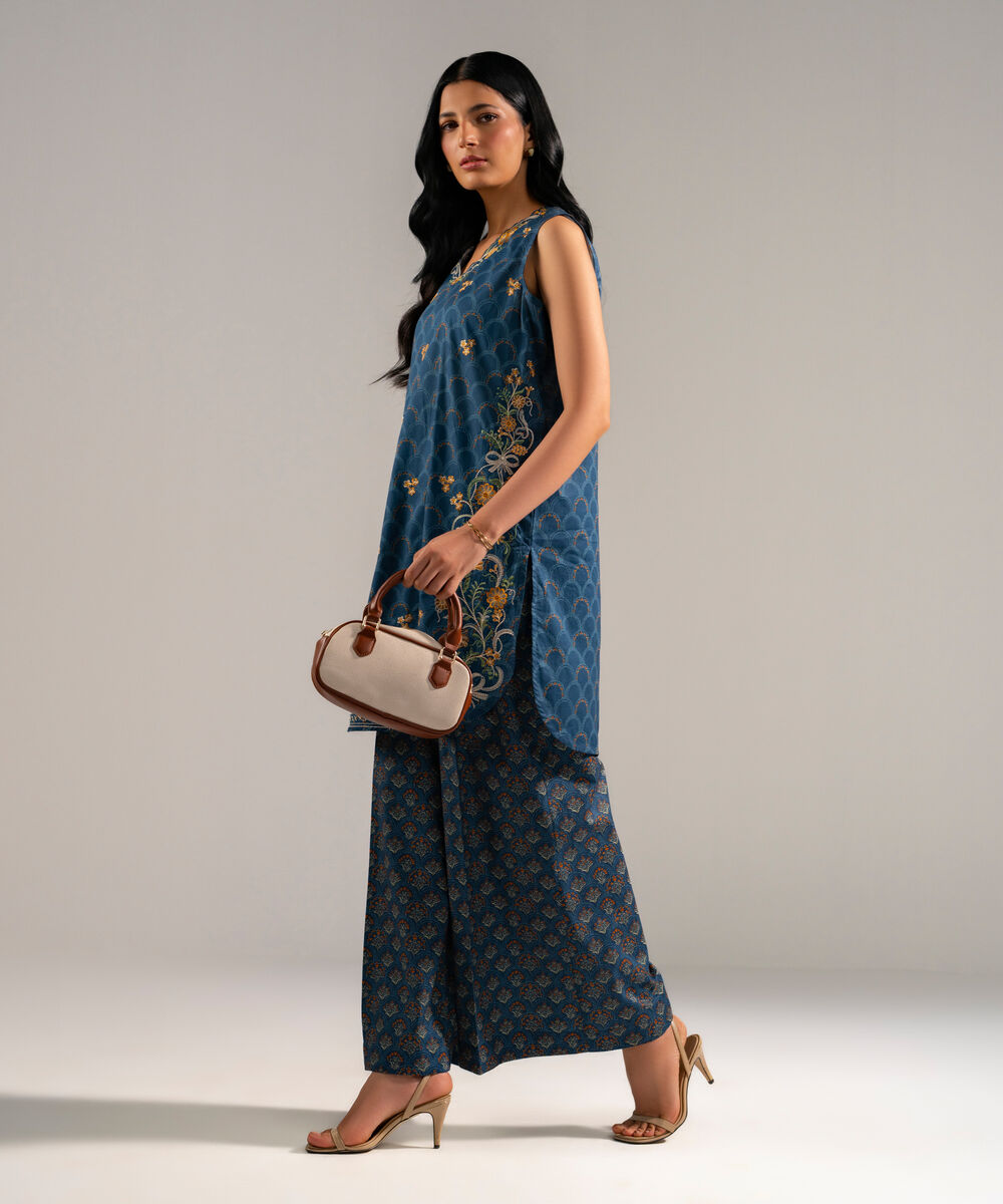 Women's RTW Lawn Embroidered Blue Straight Shirt