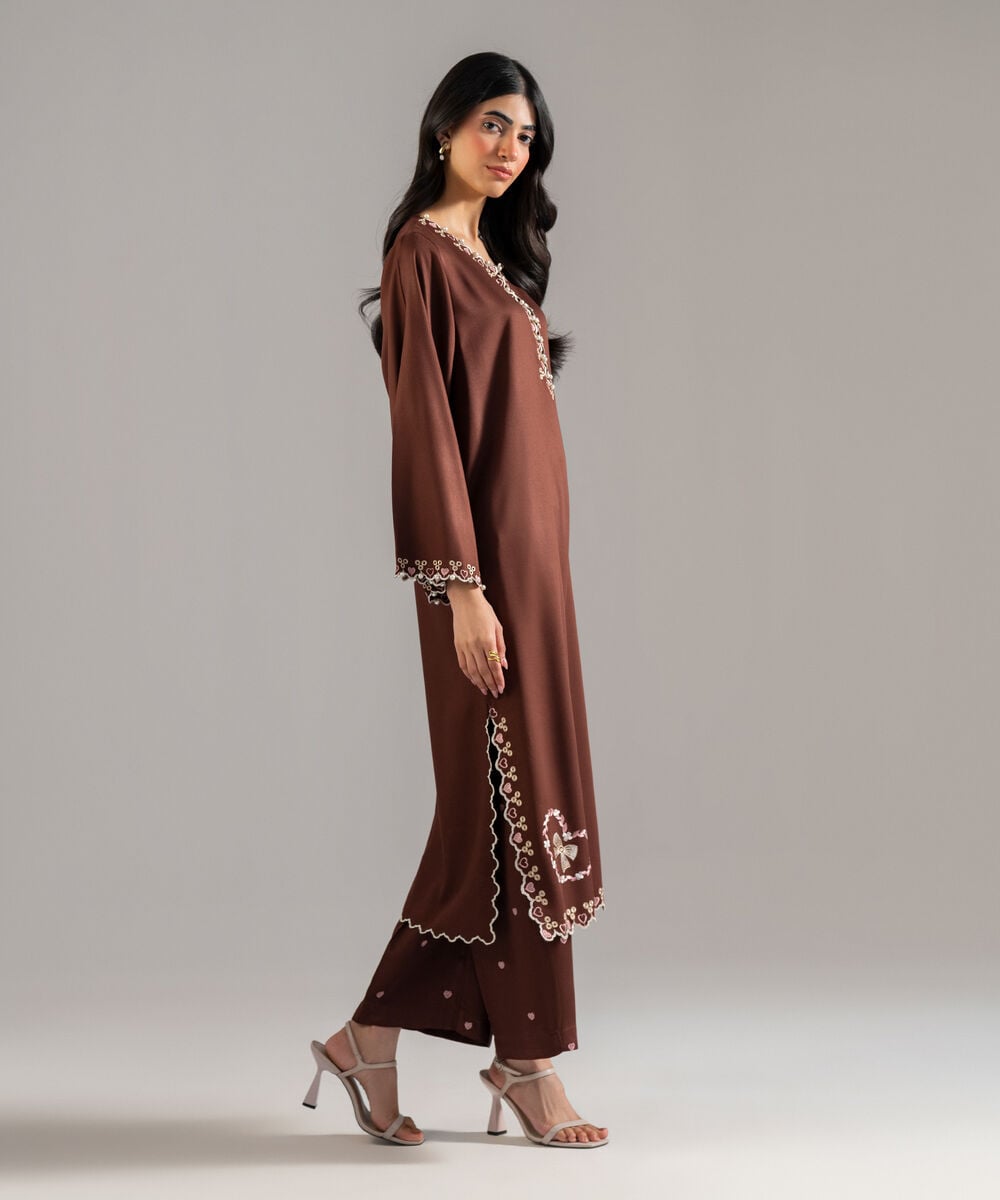 Women's RTW Bedford Solid Embroidered Brown Straight Shirt