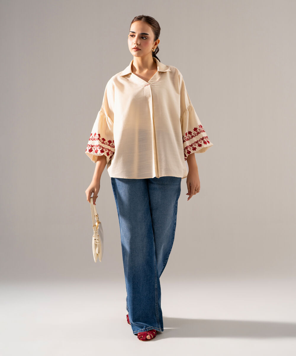 Women's RTW Khaddar Solid Embroidered Off White Straight Shirt