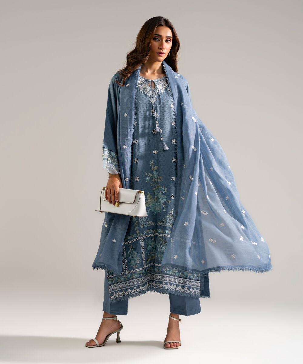 Women's RTW Textured Viscose Embroidered Grey 3 Piece Suit