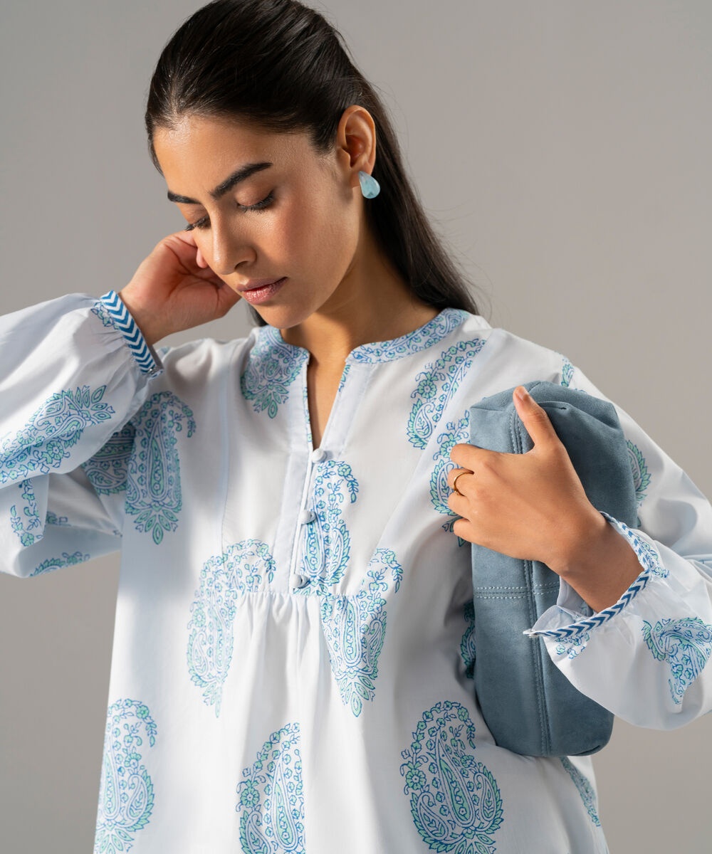 Women's RTW Lawn Printed Blue Straight Shirt
