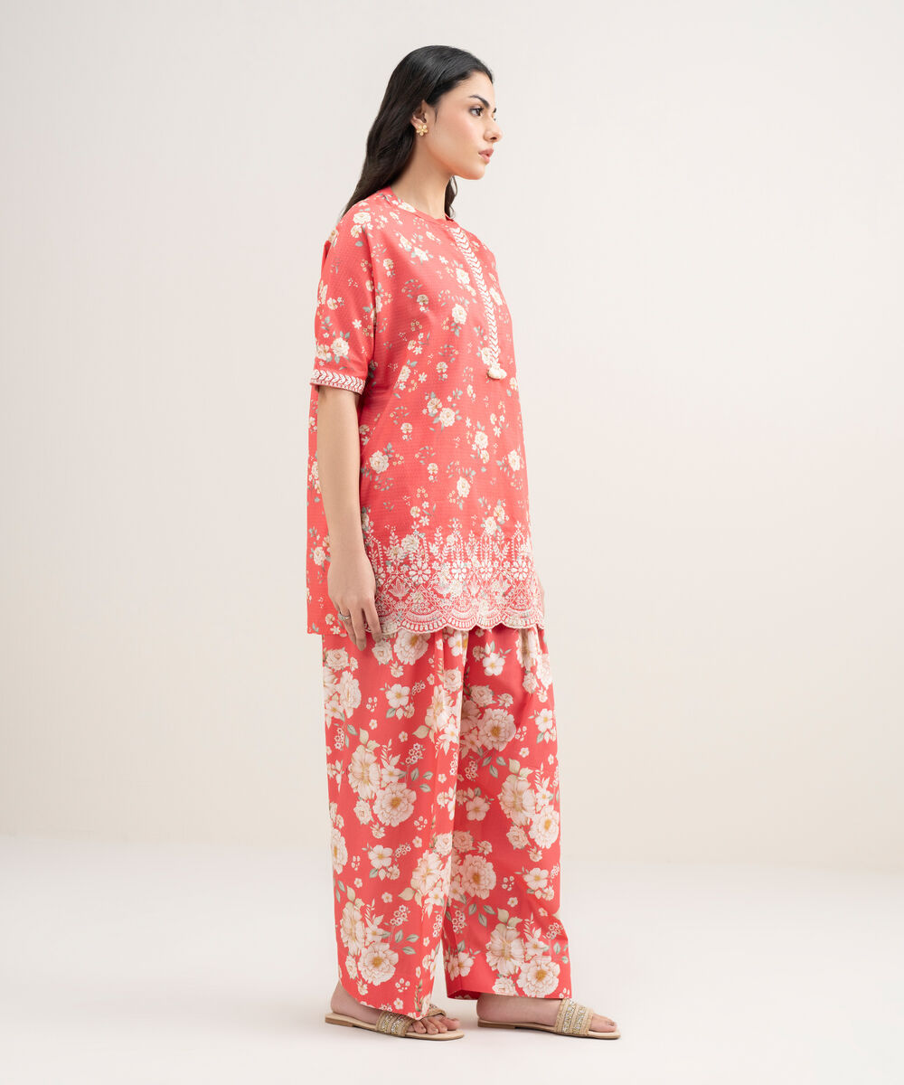 Women's RTW Dobby Embroidered Pink Straight Shirt