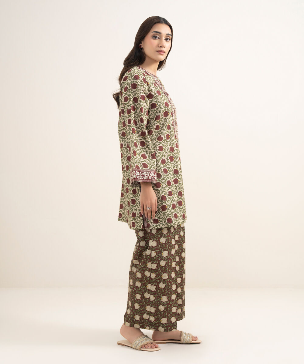 Women's RTW Dobby Embroidered Green 2 Piece Suit