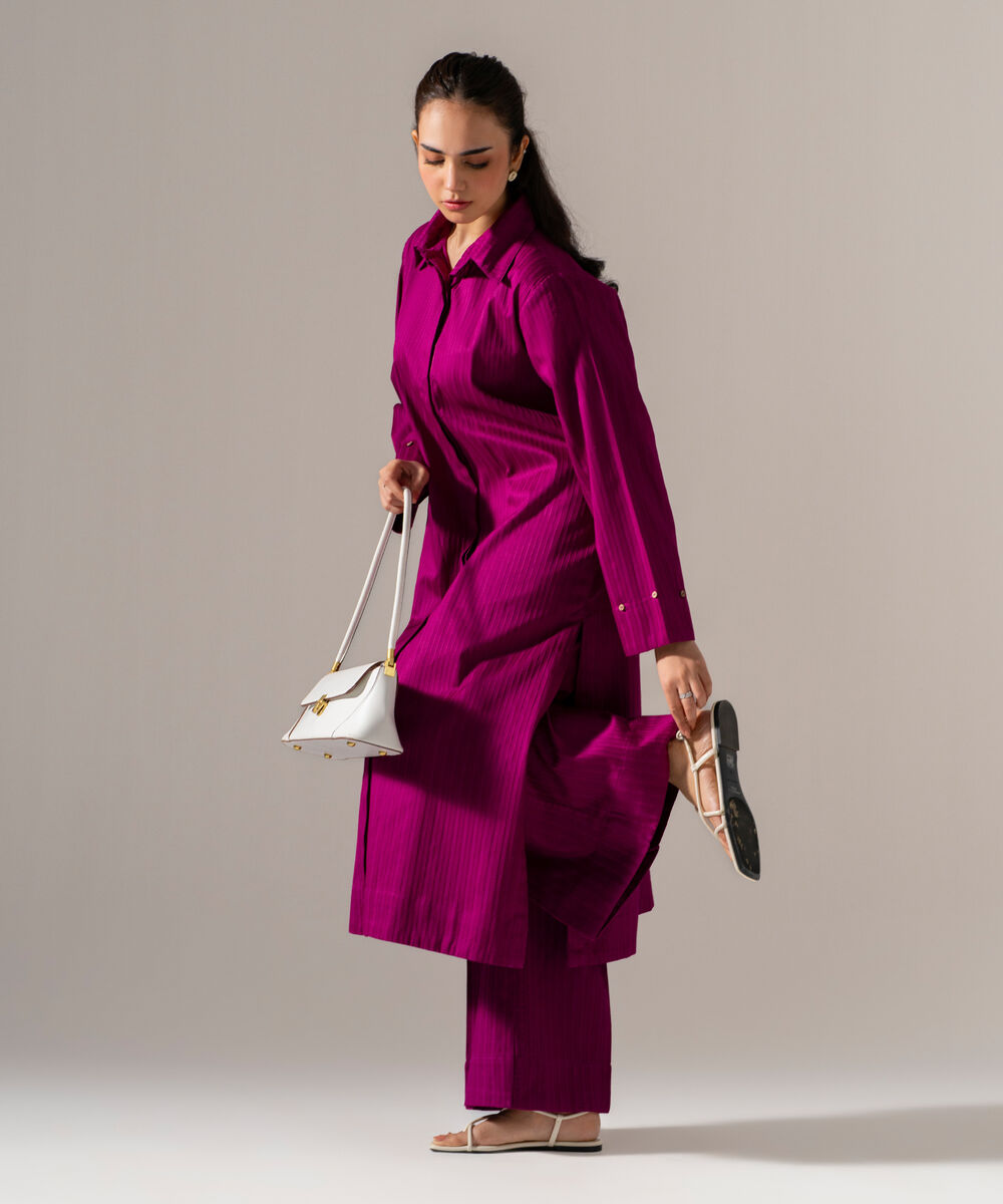 Women's RTW Dobby Strip Solid Purple 2 Piece Suit