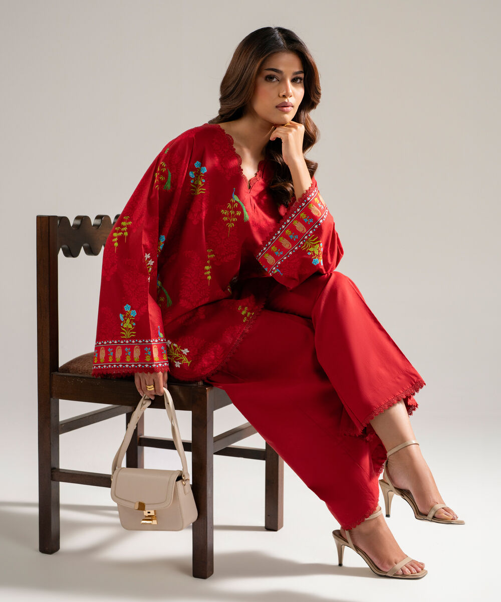 Women's RTW Slub Lawn Printed Red Drop Shoulder Shirt