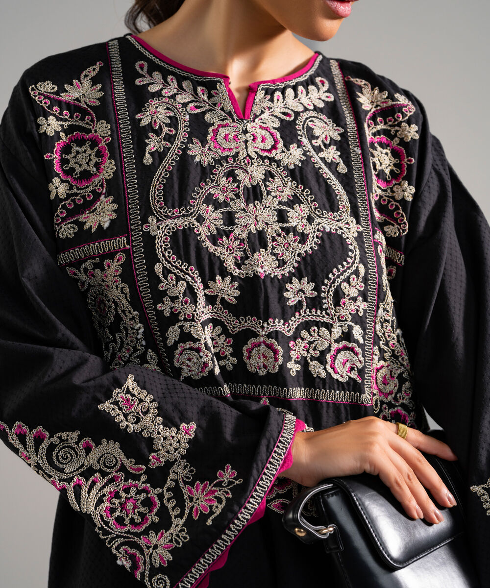 Women's RTW Dobby Embroidered Black 2 Piece Suit
